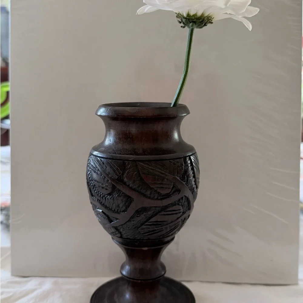 Elegant Brown wood carved Decorative Vase 5.4” high